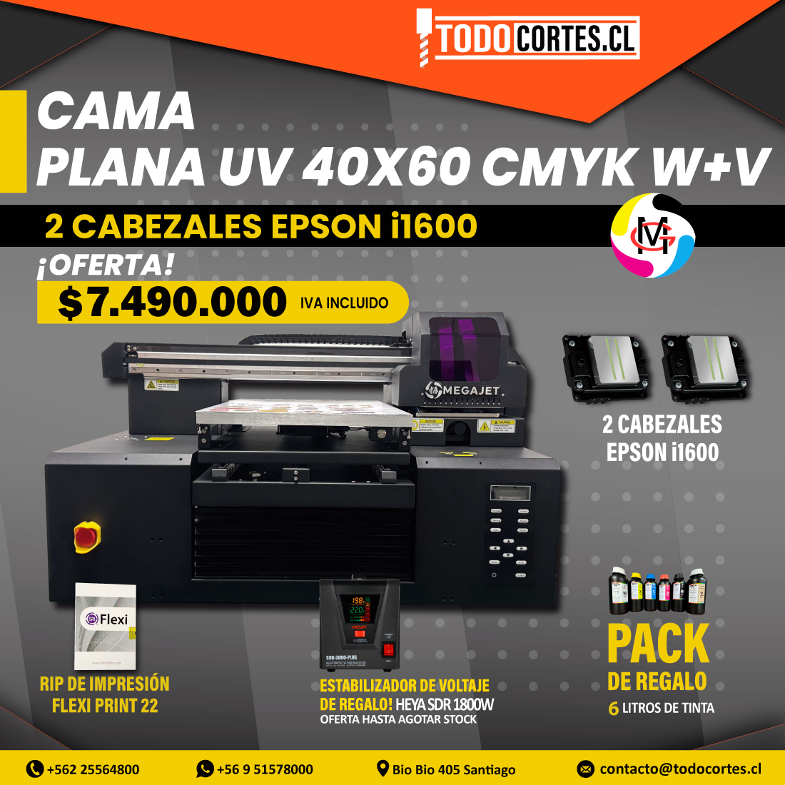 PLOTTER CAMA PLANA UV MEGAJET DE 40X60CMS CON 2 CABEZALES i1600 CMYK + W + V