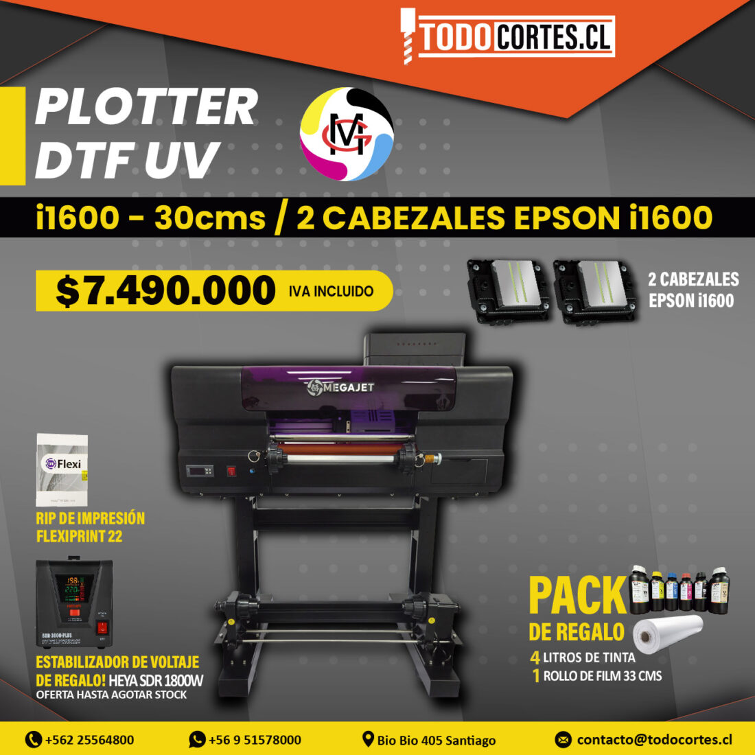 PLOTTER DTF UV MEGAJET DE 30CMS DE ANCHO CON 2 CABEZALES i1600 CMYK + W + V