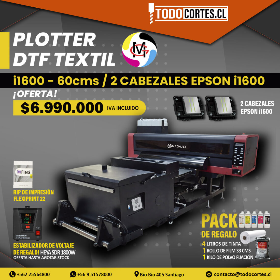 PLOTTER DTF TEXTIL DE 60CMS DE ANCHO CON 2 CABEZALES i1600