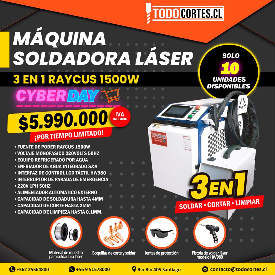 MAQUINA SOLDADORA LASER 3 EN 1 RAYCUS 1500W