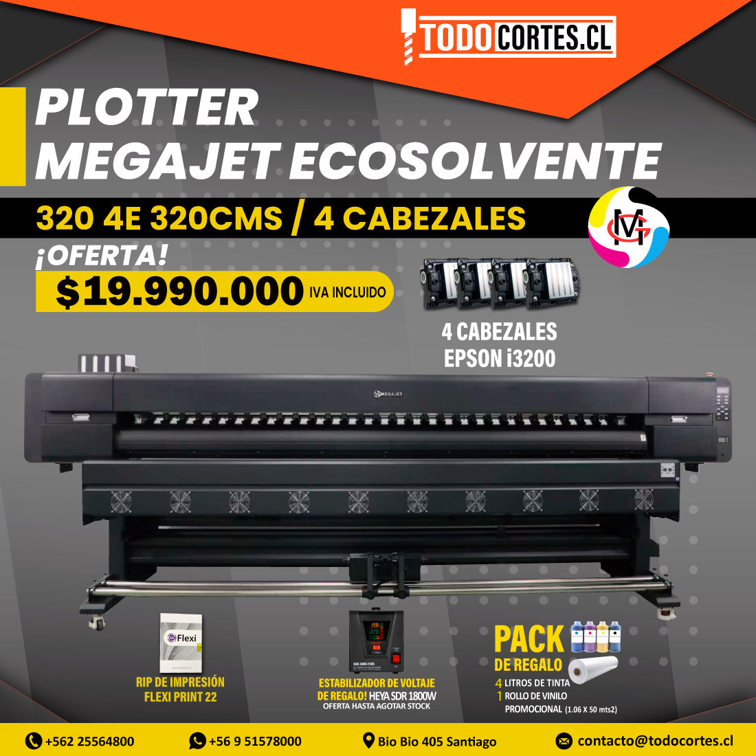 PLOTTER DE IMPRESION ECOSOLVENTE MEGAJET 3204E 320CMS 4 CABEZALES EPSON i3200