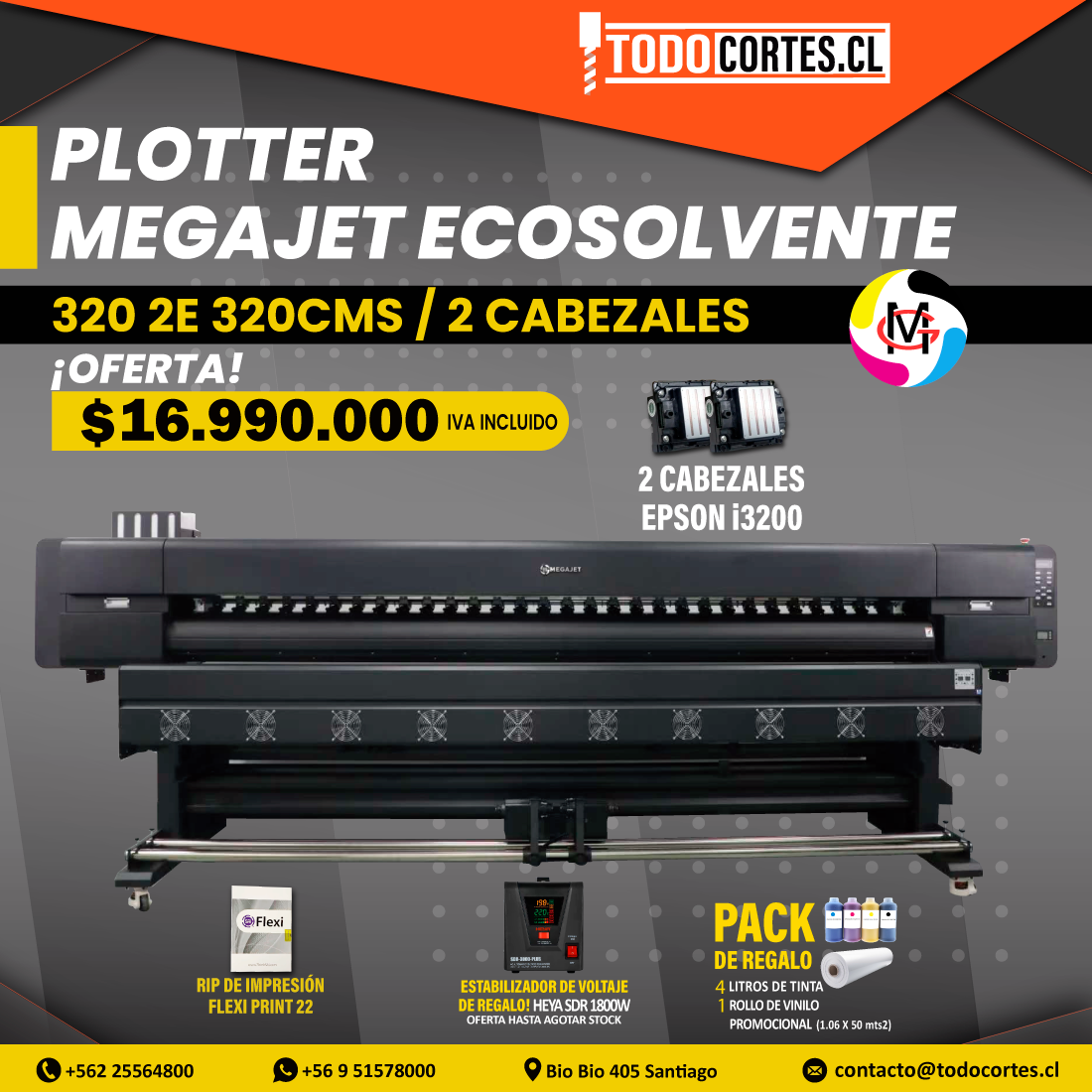 PLOTTER DE IMPRESION ECOSOLVENTE MEGAJET 3202E 320CMS 2 CABEZALES EPSON i3200