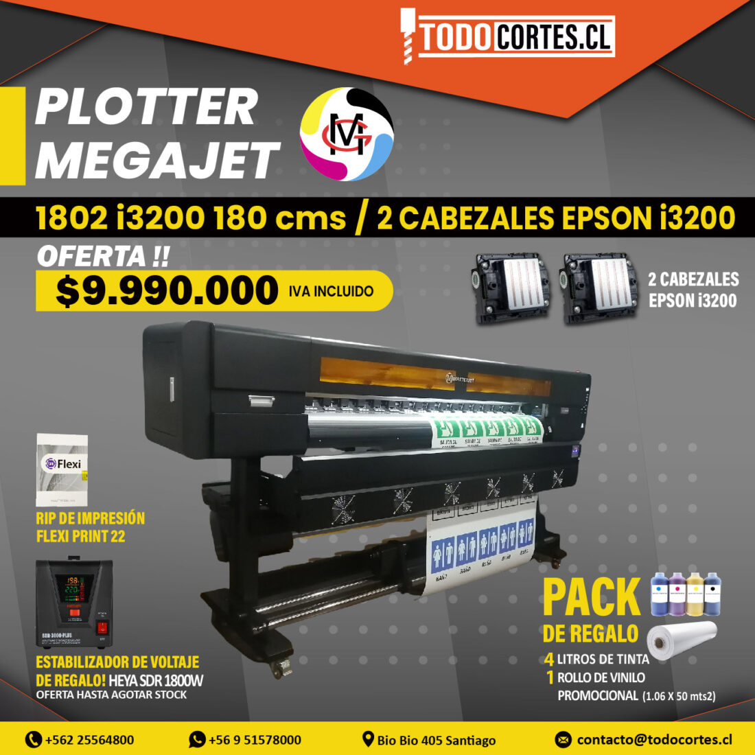 PLOTTER DE IMPRESION ECOSOLVENTE MEGAJET 1802E 180CMS 2 CABEZALES EPSON i3200